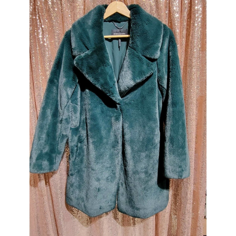 NWOT. BCBG MAXAZRIA Faux Fur Coat. Size Medium. Hunter Green. Longline.